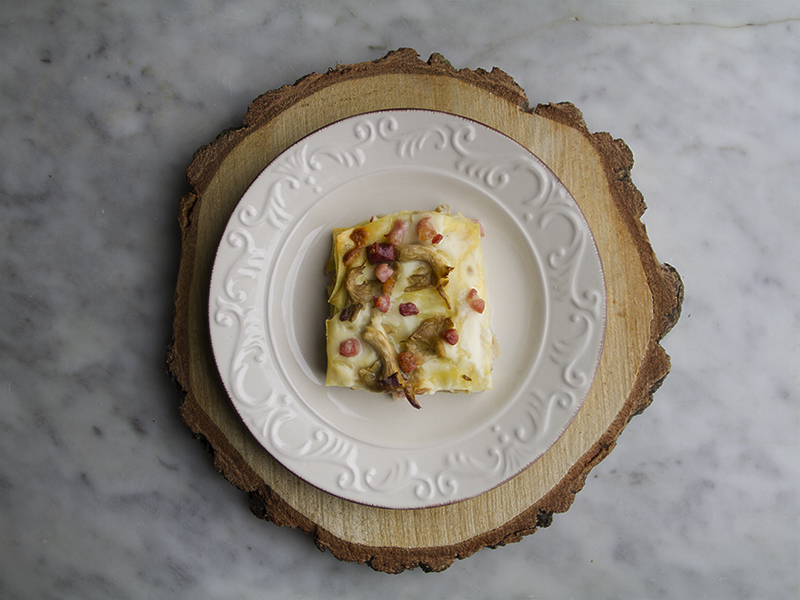 Lasagne bianche ai funghi con pancetta