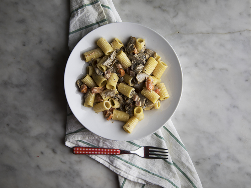 Pasta panna funghi con pomodoro e pancetta