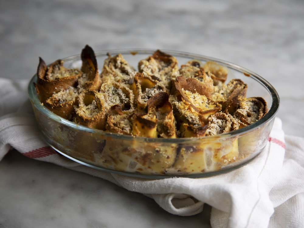 Rotolo di crespelle ai funghi gratin